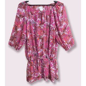 Profile Gottex Women Floral Swim CoverUp Large Sheer Cinchd Ties Balloon Sleeves